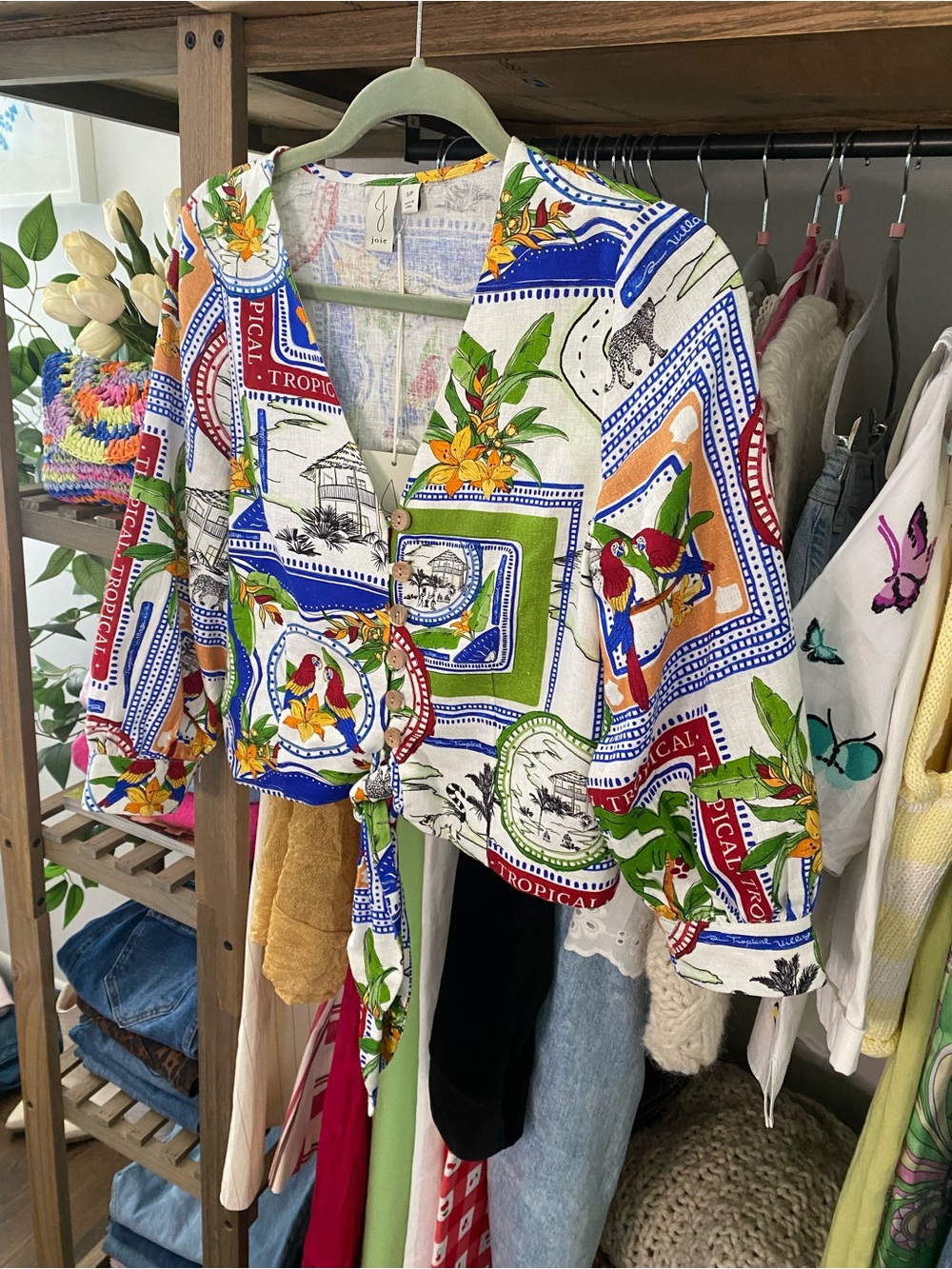 JOIE Tropical Print Linen-Blend Top & Pant Set in Royal Blue, Red, Green! 🌴 - Picture 9 of 16